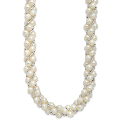 Sterling Silver Rhodium-plated 6-7mm White Near-Round Pearl and Glass Beaded Twisted 18 inch Necklace