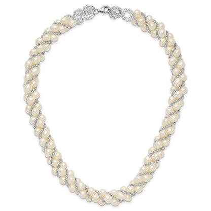 Sterling Silver Rhodium-plated 6-7mm White Near-Round Pearl and Glass Beaded Twisted 18 inch Necklace