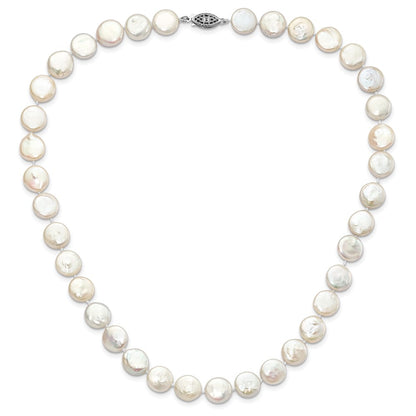 Sterling Silver Rhodium-plated 10-11mm White Coin Freshwater Cultured Pearl 18 inch Necklace