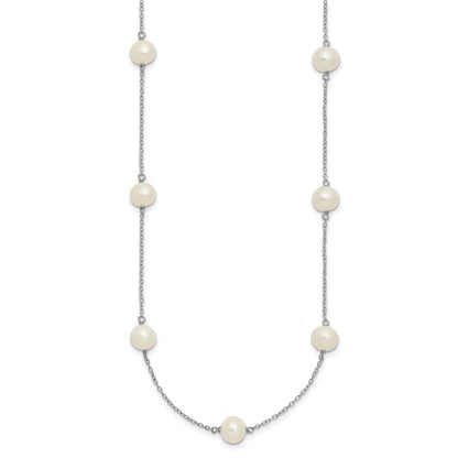 Sterling Silver Rhodium-plated 7-8mm White Near Round Freshwater Cultured Pearl 9-station 20 inch Necklace