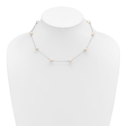 Sterling Silver Rhodium-plated 7-8mm White Near-Round Freshwater Cultured Pearl 9-Station 16 inch Necklace