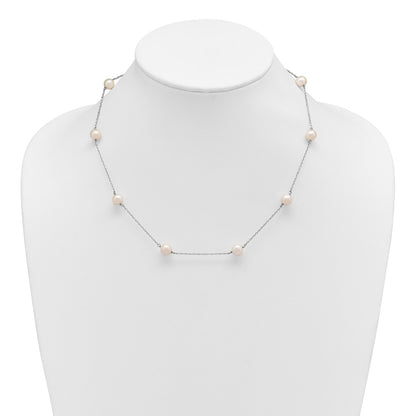 Sterling Silver Rhodium-plated 7-8mm White Near-Round Freshwater Cultured Pearl 9-Stations18 inch Necklace