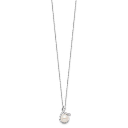 Sterling Silver Rhodium-plated 8-10mm White Button Freshwater Cultured Pearl and CZ 17 inch and Post Earrings Set