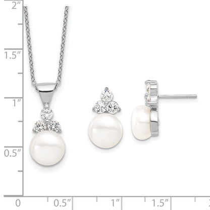 Sterling Silver Rhodium-plated 9-10mm White Button Freshwater Cultured Pearl and CZ 17 inch and Post Earrings Set