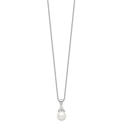 Sterling Silver Rhodium-plated 9-10mm White Button Freshwater Cultured Pearl and CZ 17 inch and Post Earrings Set