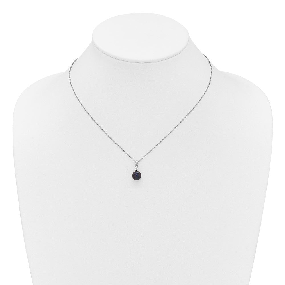 Sterling Silver Rhodium-plated 8-9mm Black Button Freshwater Cultured Pearl and CZ 17 inch Necklace and Post Earrings Set