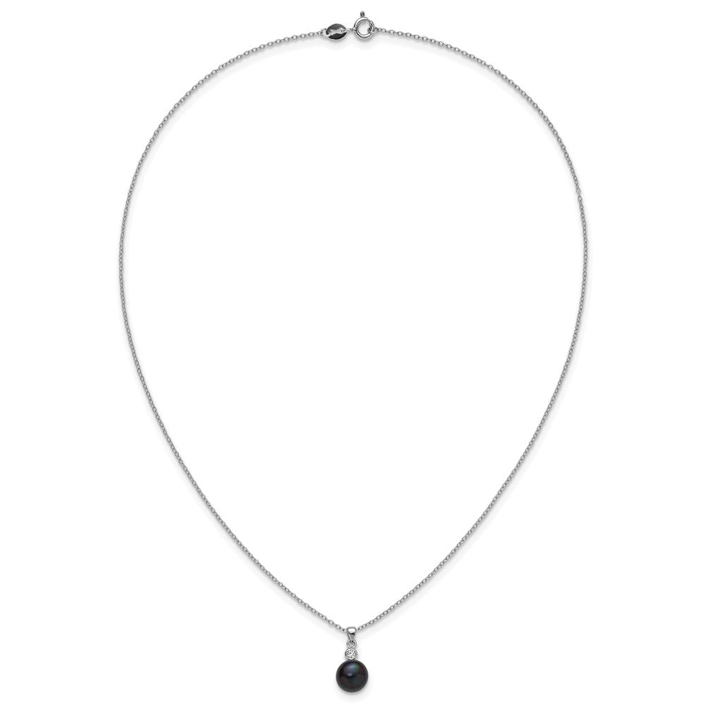 Sterling Silver Rhodium-plated 8-9mm Black Button Freshwater Cultured Pearl and CZ 17 inch Necklace and Post Earrings Set