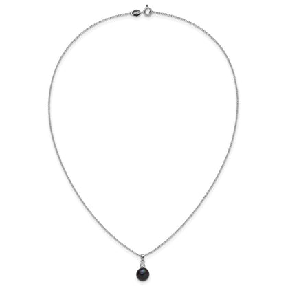 Sterling Silver Rhodium-plated 8-9mm Black Button Freshwater Cultured Pearl and CZ 17 inch Necklace and Post Earrings Set