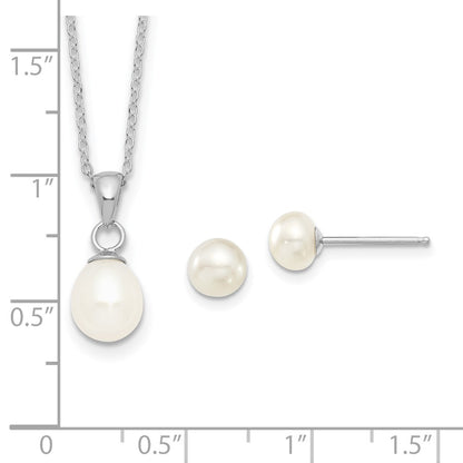 Sterling Silver Rhodium-plated 6-7mm White Teardrop Freshwater Cultured Pearl 17 inch Necklace and Button Post Earrings Set
