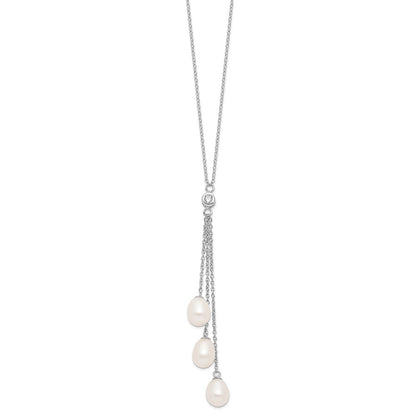 Sterling Silver Rhodium-plated 7-8mm White Teardrop Freshwater Cultured Pearl and CZ Drop 18 inch Necklace