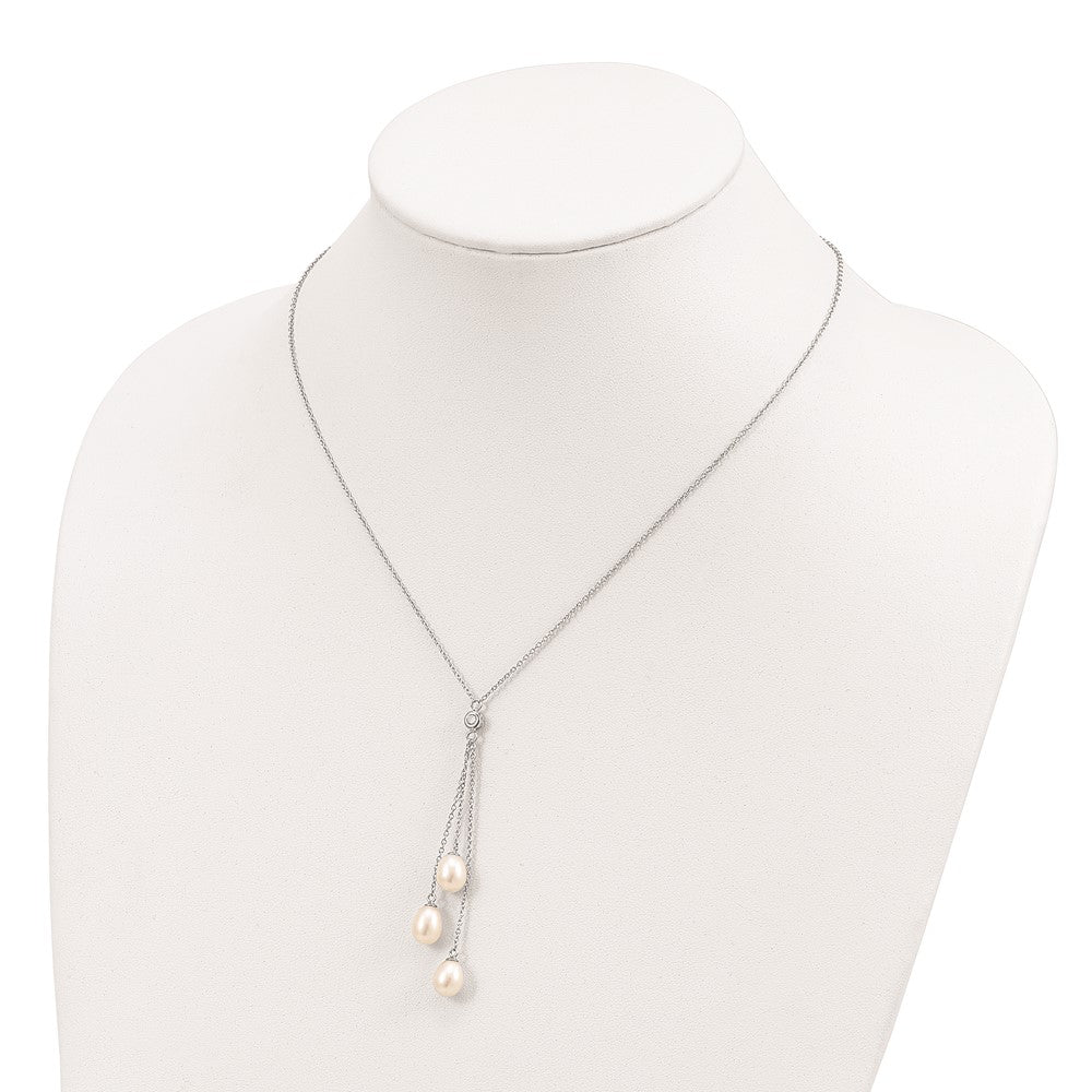 Sterling Silver Rhodium-plated 7-8mm White Teardrop Freshwater Cultured Pearl and CZ Drop 18 inch Necklace