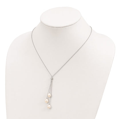 Sterling Silver Rhodium-plated 7-8mm White Teardrop Freshwater Cultured Pearl and CZ Drop 18 inch Necklace