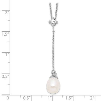 Sterling Silver Rhodium-plated 8-9mm White Teardrop Freshwater Cultured Pearl and CZ Drop 18 inch Necklace