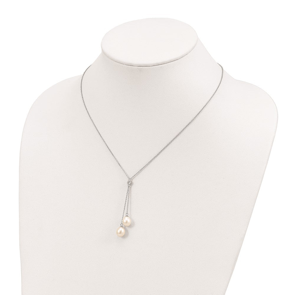 Sterling Silver Rhodium-plated 8-9mm White Rice Freshwater Cultured Pearl and CZ Dangle 18 inch Necklace