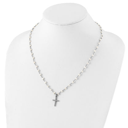 Sterling Silver Rhodium-plated 4-5mm White Near-Round Freshwater Cultured Pearl and CZ Cross 21 inch Necklace