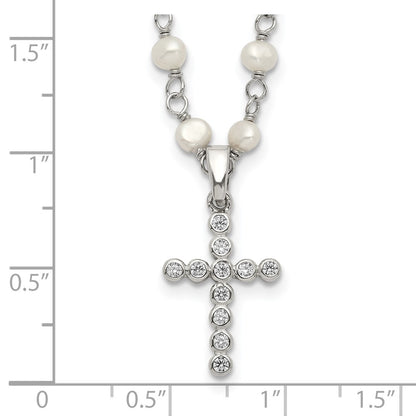 Sterling Silver Rhodium-plated 4-5mm White Near-Round Freshwater Cultured Pearl and CZ Cross 21 inch Necklace