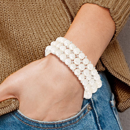 6-7mm White Button Freshwater Cultured Pearl and Glass Beaded 3-row Stretch Bracelet