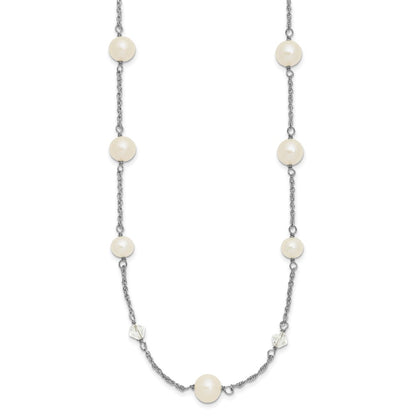Sterling Silver Rhodium-plated 6-10mm White Near-Round Freshwater Cultured Pearl and Glass 5-Station 17.5 inch with 2.5 inch Extension Necklace