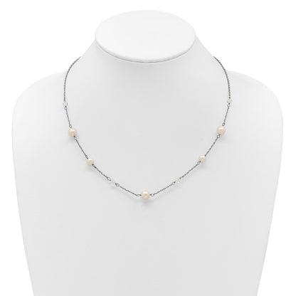 Sterling Silver Rhodium-plated 6-10mm White Near-Round Freshwater Cultured Pearl and Glass 5-Station 17.5 inch with 2.5 inch Extension Necklace