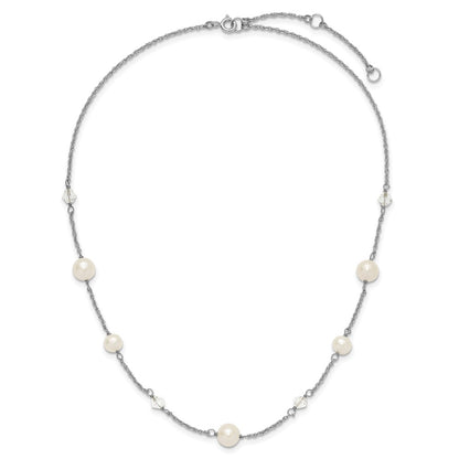 Sterling Silver Rhodium-plated 6-10mm White Near-Round Freshwater Cultured Pearl and Glass 5-Station 17.5 inch with 2.5 inch Extension Necklace