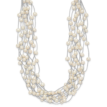 Sterling Silver Rhodium-plated 6-8mm White Semi-Round Freshwater Cultured Pearl Multi Strand 15 inch Necklace