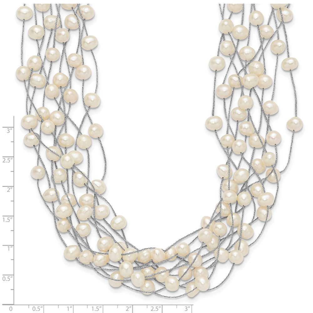 Sterling Silver Rhodium-plated 6-8mm White Semi-Round Freshwater Cultured Pearl Multi Strand 15 inch Necklace