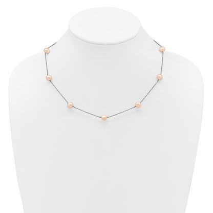 Sterling Silver Rhodium-plated 7-8mm Pink Semi-Round Freshwater Cultured Pearl 9-Station 18 inch Necklace