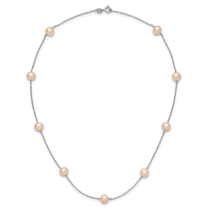 Sterling Silver Rhodium-plated 7-8mm Pink Semi-Round Freshwater Cultured Pearl 9-Station 18 inch Necklace