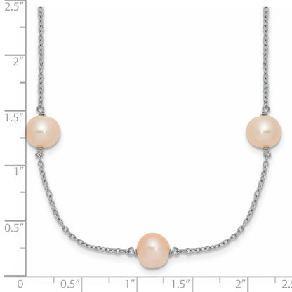 Sterling Silver Rhodium-plated 7-8mm Pink Semi-Round Freshwater Cultured Pearl 9-Station 18 inch Necklace
