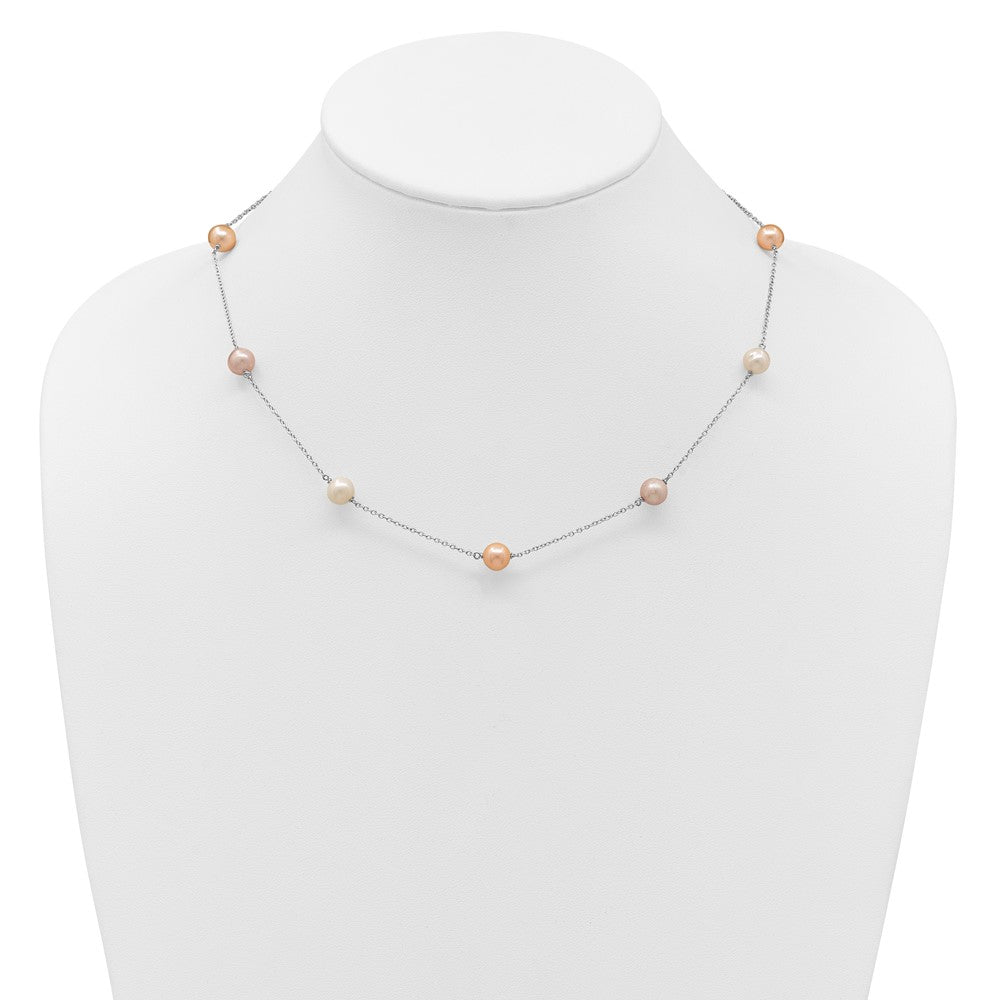 Sterling Silver Rhodium-plated 7-8mm White, Pink and Purple Near-Round Freshwater Cultured Pearl 9-Station 18 inch Necklace