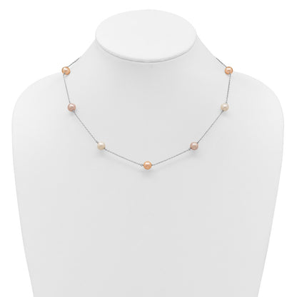 Sterling Silver Rhodium-plated 7-8mm White, Pink and Purple Near-Round Freshwater Cultured Pearl 9-Station 18 inch Necklace