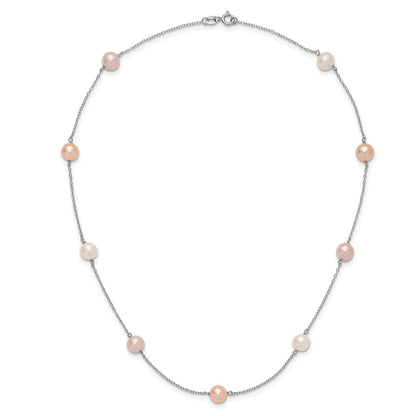 Sterling Silver Rhodium-plated 7-8mm White, Pink and Purple Near-Round Freshwater Cultured Pearl 9-Station 18 inch Necklace