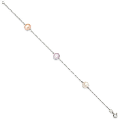 Sterling Silver Rhodium-plated 7-8mm White, Pink and Purple Semi-Round Freshwater Cultured Pearl 3-Station 7.5 inch Bracelet
