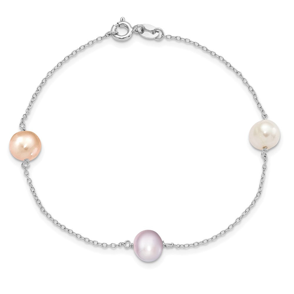 Sterling Silver Rhodium-plated 7-8mm White, Pink and Purple Semi-Round Freshwater Cultured Pearl 3-Station 7.5 inch Bracelet