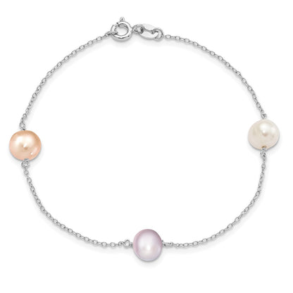 Sterling Silver Rhodium-plated 7-8mm White, Pink and Purple Semi-Round Freshwater Cultured Pearl 3-Station 7.5 inch Bracelet