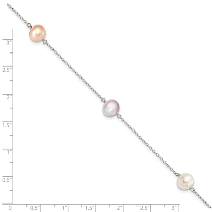 Sterling Silver Rhodium-plated 7-8mm White, Pink and Purple Semi-Round Freshwater Cultured Pearl 3-Station 7.5 inch Bracelet