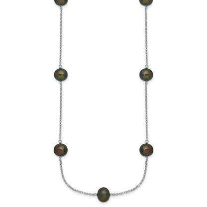 Sterling Silver Rhodium-plated 7-8mm Black Semi-Round Freshwater Cultured Pearl 9-Station 18 inch Necklace