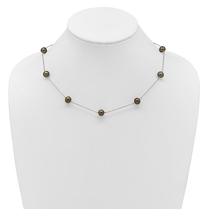 Sterling Silver Rhodium-plated 7-8mm Black Semi-Round Freshwater Cultured Pearl 9-Station 18 inch Necklace