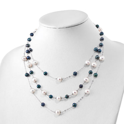 Sterling Silver Rhodium-plated 6-10mm White and Black Freshwater Cultured Pearl Layered 17 inch with 2 inch Extension Necklace
