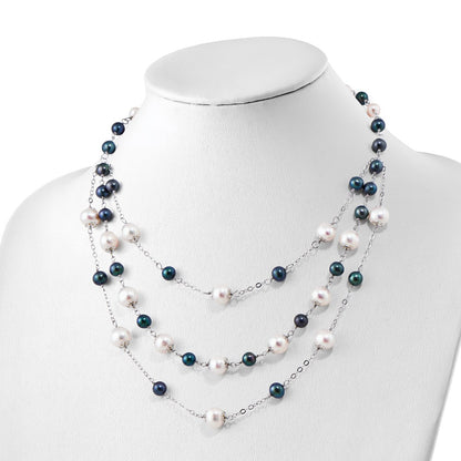 Sterling Silver Rhodium-plated 6-10mm White and Black Freshwater Cultured Pearl Layered 17 inch with 2 inch Extension Necklace