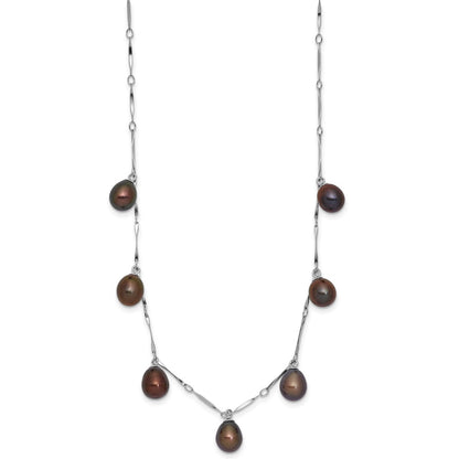 Sterling Silver Rhodium-plated 7-8mm Black Teardrop Freshwater Cultured Pearl Dangle 7-Station 17.5 inch Necklace