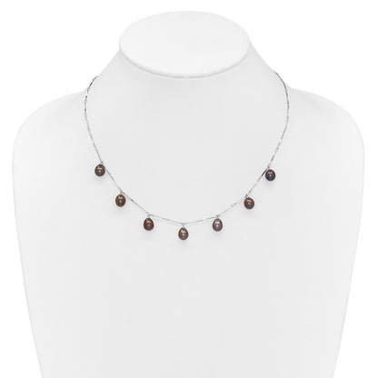 Sterling Silver Rhodium-plated 7-8mm Black Teardrop Freshwater Cultured Pearl Dangle 7-Station 17.5 inch Necklace