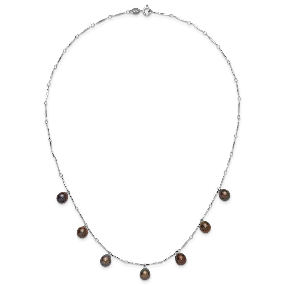 Sterling Silver Rhodium-plated 7-8mm Black Teardrop Freshwater Cultured Pearl Dangle 7-Station 17.5 inch Necklace