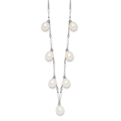 Sterling Silver Rhodium-plated 7-8mm White Teardrop Freshwater Cultured Pearl 7-Station 17.5 inch Necklace