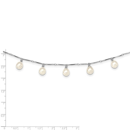 Sterling Silver Rhodium-plated 7-8mm White Teardrop Freshwater Cultured Pearl 7-Station 17.5 inch Necklace