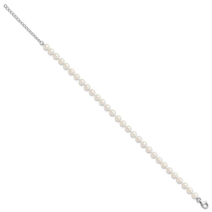 Sterling Silver Rhodium-plated 6-7mm White Near-Round Freshwater Cultured Pearl 8.5 inch with 2 inch Extension Anklet