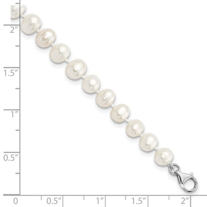 Sterling Silver Rhodium-plated 7-8mm White Near-Round Freshwater Cultured Pearl and CZ 8.5 with 2 inch Extension Anklet