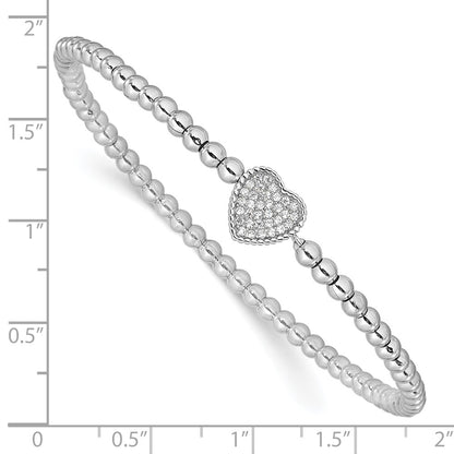 Sterling Silver Rhodium-plated Polished Beaded CZ Heart Stretch Bracelet