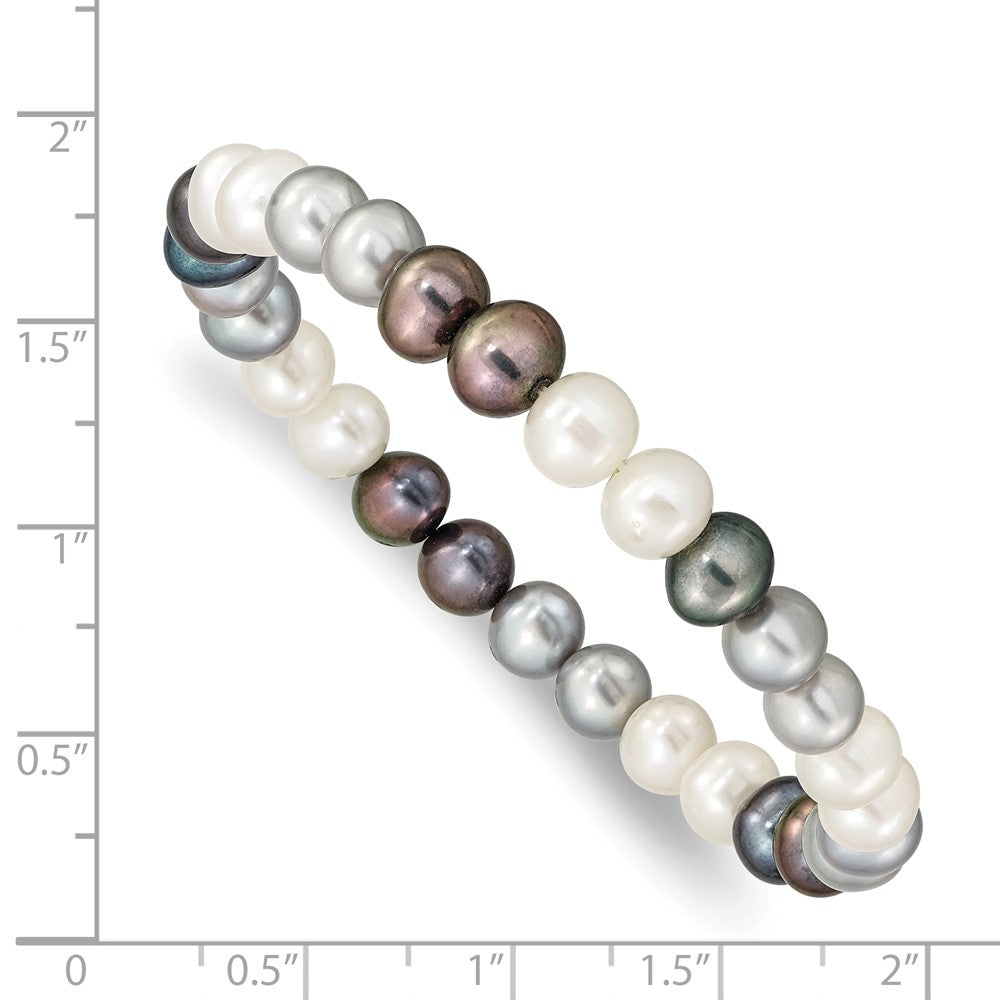 6-7mm Black, Grey and White Semi-Round Freshwater Cultured Pearl Stretch Bracelet