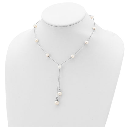 Sterling Silver Rhodium-plated 6-9mm White Teardrop and Semi-Round Freshwater Cultured Pearl 9-Station 2 drop 16 inch with 2 inch Extension Necklace